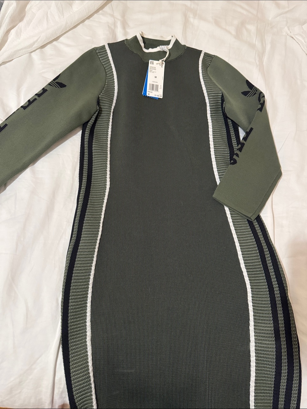 adidas Olive Green Long Sleeve Bodycon Dress with Black & White Accents